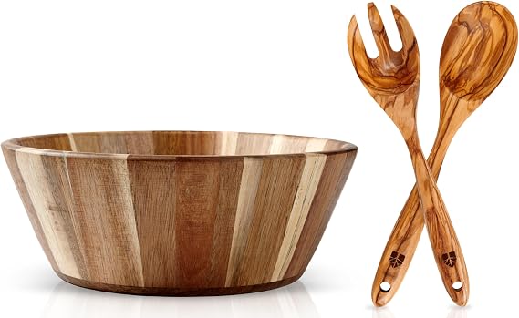 Wooden Salad Bowl, 12" Round With 12" Olive Wood Salad Tongs Perfect For Serving Handmade, Durable & Stylish Natural Wood Dining Accessory by Woodenhouse