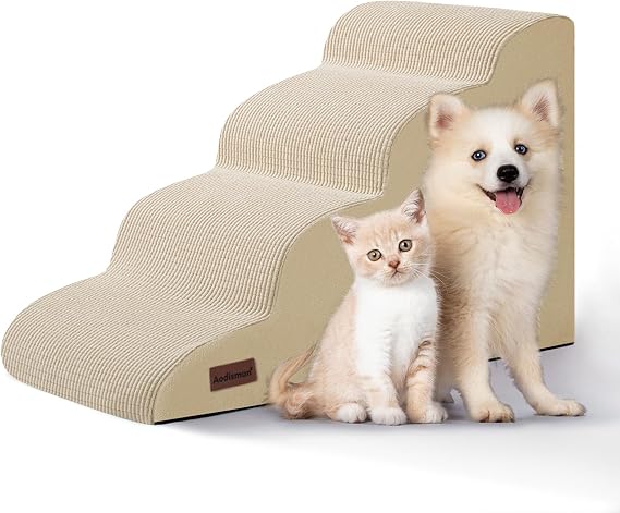 Aodisman Dog Steps for Bed or Couch,4-Step Pet Stairs Ramp for Small Dogs | 17.4" H Indoor Non-Slip Dog Stairs Help Senior Dogs,Short-Legged Breeds,Puppies and Cats to Reach Beds and Chairs,Grey,Beige