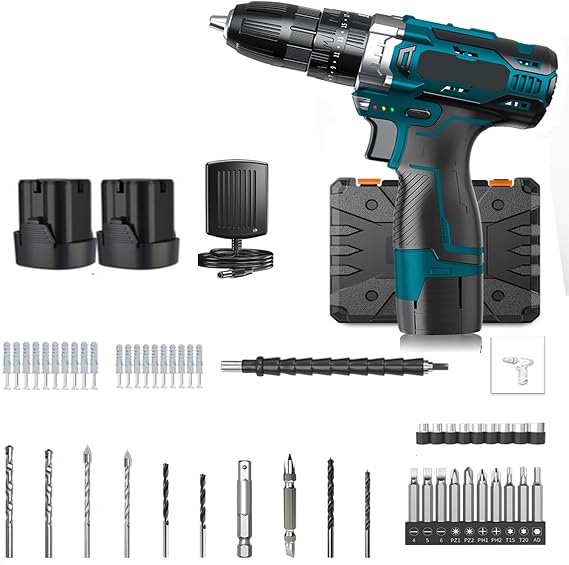 16.8V Cordless Drilll/Driver Kit,25N.m, 1 Hour Fast Charger &2x 2.0Ah Li-ion Battery, Hammer Drill with 0-650-1350RMP Variable Speed, 3/8" Metal Chuck, 21+1 Clutch, Drilling Wood, Metal