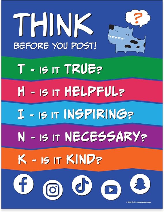 ZOCO THINK Before You Post Poster Stop Cyberbullying & Encourage Kindness Growth Mindset & Digital Citizenship Chart Laminated 17x22 Middle School Classroom Decor for Teachers