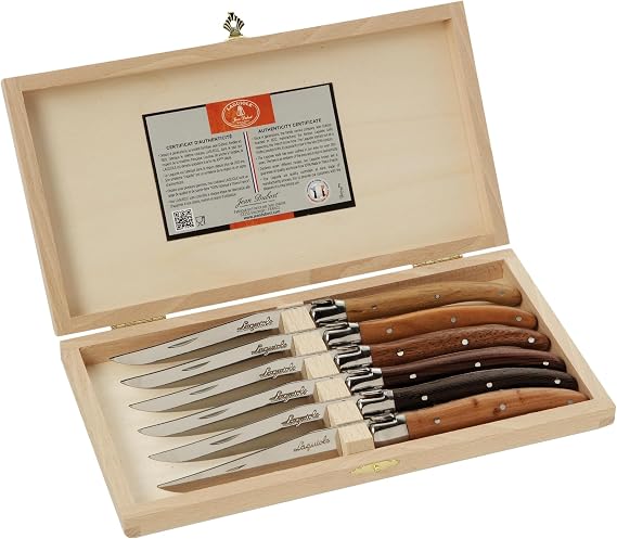 Jean Dubost Laguiole 6-Piece Steak Knife Set, Mixed Wood Handles - 2.5 mm Blades - Rust-Resistant Stainless Steel - Includes Wooden Box - Made in France