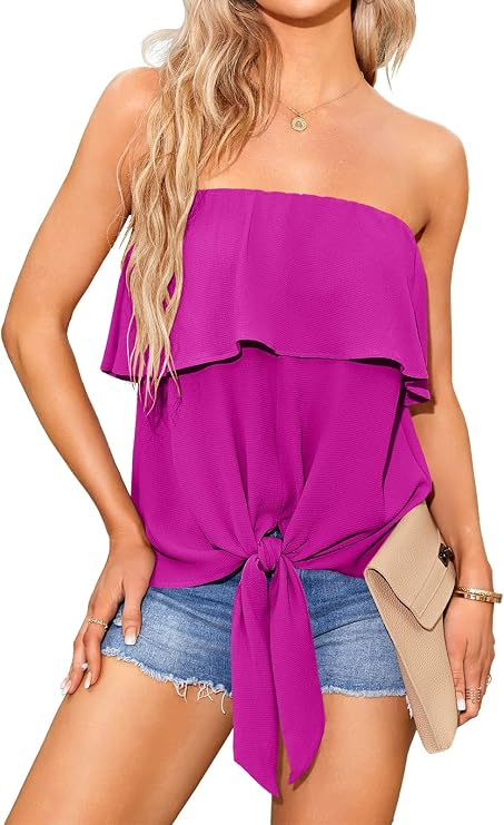 Inorin Womens Ruffles Tie Front Blouse Chiffon Strapless Tiered Tube Tops Shirts