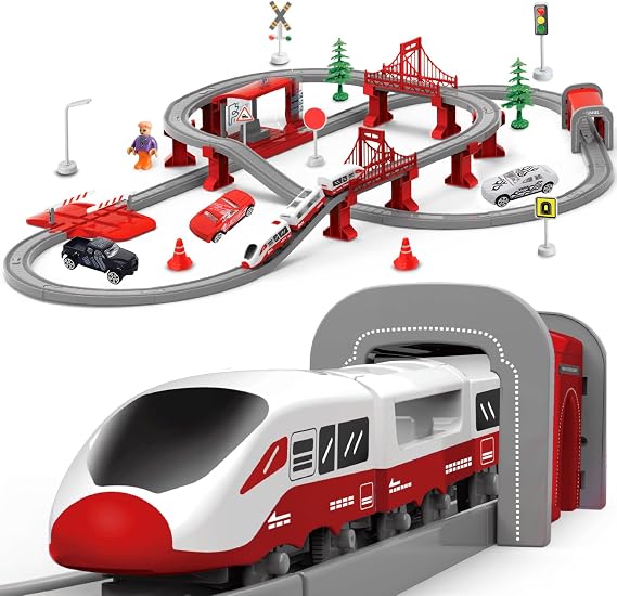 XIAPIA Electric Train Set, 104-Piece Motorized Railway Track Toy for Kids | Educational STEM Building Kit with Track Accessories and Cars, Indoor Play Activity Gift for Boys and Girls Ages 3+