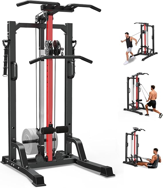 pooboo 450LBS All-in-One Home Gym Functional Trainer with LAT Pulldown System, Power Cage & Cable Crossover Machine, Squat Rack with Dual Pulley System and Dip Bars, Armrest Pads