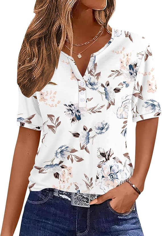WNEEDU Women's Summer T-Shirt Henley Shirts V-Neck Short Sleeve Blouses Top T-shirt with buttons basic tops elegant blouse shirt summer blouses light and airy casual top casual long shirt