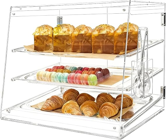 3-Tray Bakery Display Case with Rear Doors, 20.9 x 17.3 x 16.7 inches, Clear Countertop Cabinet for Pastries and Desserts