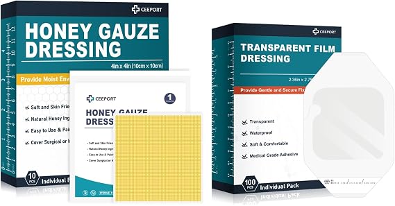 Ceeport Manuka Honey Gauze Dressing(4" x 4" 10pcs)+Transparent Film Dressing (2.36" x 2.75" 100Pcs)