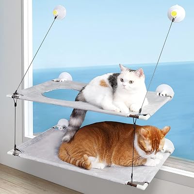 Cat Hammock, Cat Window Perch for Indoor Large Cats, Cat Resting Seat Hammock Shelves, Sturdy Heavy-Duty Knob Suction Cups Holds Up to Weighted up to 50 lbs, Space-Saving & Easy to Assemble