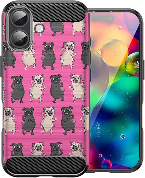 CasesOnDeck Slim TPU Case Compatible with Apple iPhone 17 / iPhone 17 Case [Flex Carbon] Cool Ultra Thin Slim Black TPU - Pink Pugs