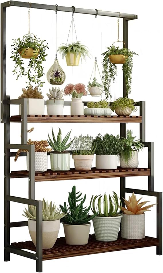 3-Tier Hanging Plant Stand Indoor, Ladder Shape, Hanging Bar | 68 Inch Tall, Large Metal & Wood Plant Shelf Rack for Multiple Plants, Heavy Duty, For Living Room, Patio, Balcony