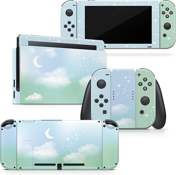 Tacky Design Clouds Skin Compatible with Nintendo Switch Skin Wrap Cover, Pastel Green Sky Moon Skin for Nintendo Switch Stickers, Premium Vinyl 3M Full Wrap Decal (Switch (2017))