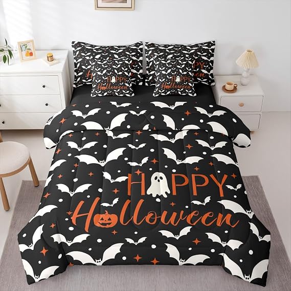 Erosebridal Halloween Bat 7 Pcs Bedding Set Queen Size,Gothic White Bats Bed in a Bag,Stars Polka Dots Bed Set Includes Comforter,Sheet Set,Pillowcases & Pillow Covers,Ghost Pumpkin Bedroom Decor