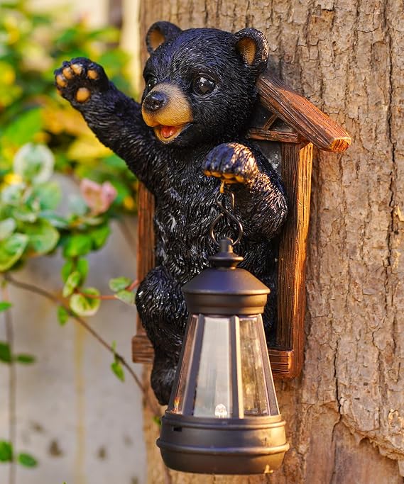 Bear Tree Hugger with Solar Lantern | Resin Bear Statue for Outdoor Garden Decor - Ideal Housewarming & Birthday Gifts for Grandma Mom Women