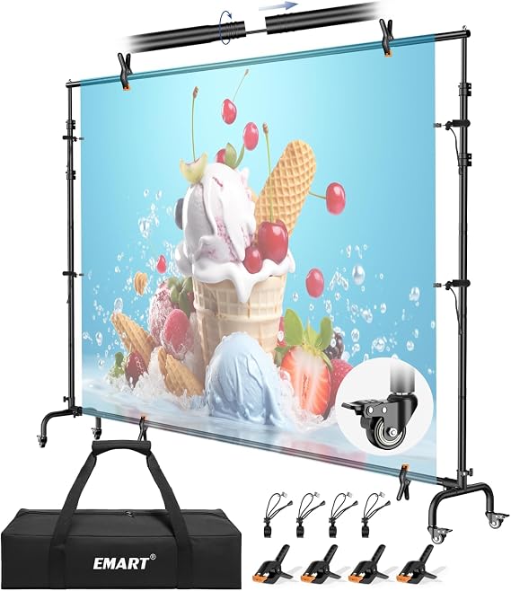 EMART 10x7.7ft Rolling Backdrop Stand with Wheels Movable Banner Stand
