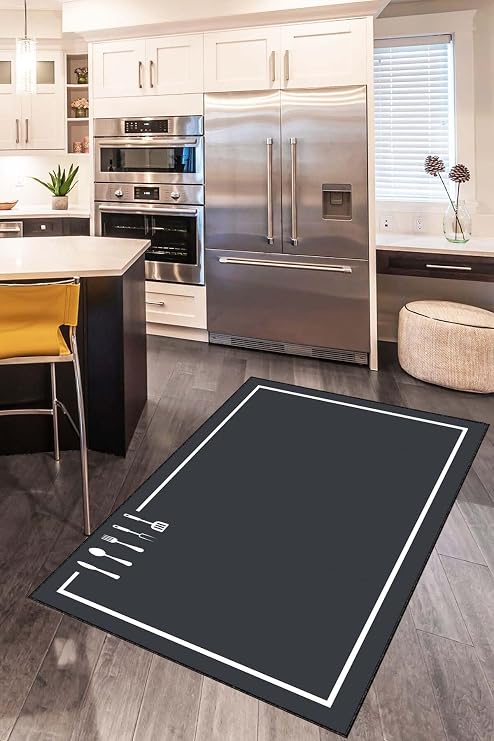 Viva Home Antrasit Kaymaz Taban Kaşık Desen Mutfak Halısı Yolluk Vh112, Antrasit, 80 X 250