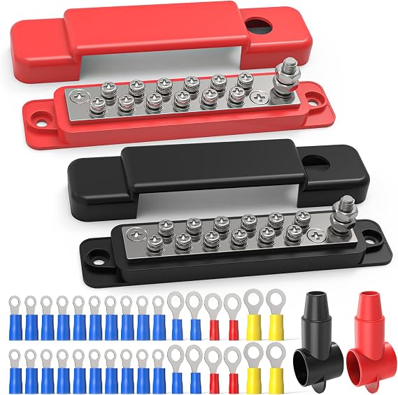 150A Power Distribution Busbar Set, 12-48V, Red and Black | Includes M6 main studs and 20 M4 terminals for organized power distribution in marine, automotive and solar systems.