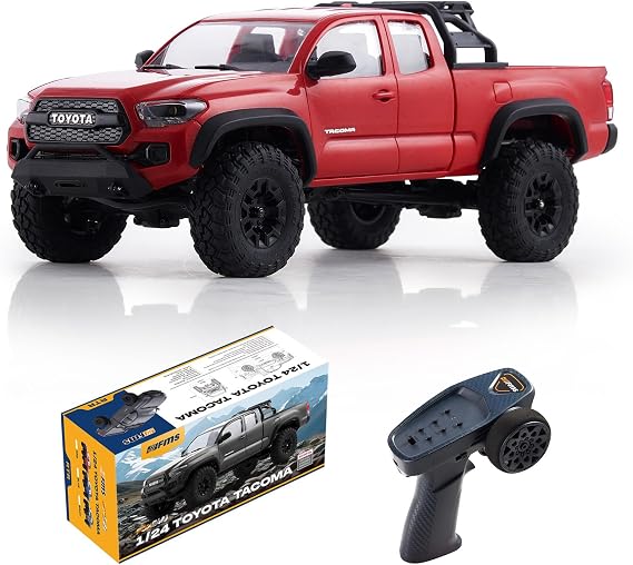 FMS 1/24 FCX24MS Toyota Tacoma S RC Crawler, Officially Licensed RC Truck 2 Speeds Switch with LED Lights, Off-Road RC Model for Adults (Red)