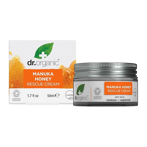 Dr. Organic Manuka Honey Rescue Cream | Nourishing and Soothing Face Cream for Dry Skin, Intensive Hypoallergenic Emollient, Certified Organic, Paraben & SLS-Free, Natural, 50 ml / 1.7 fl oz