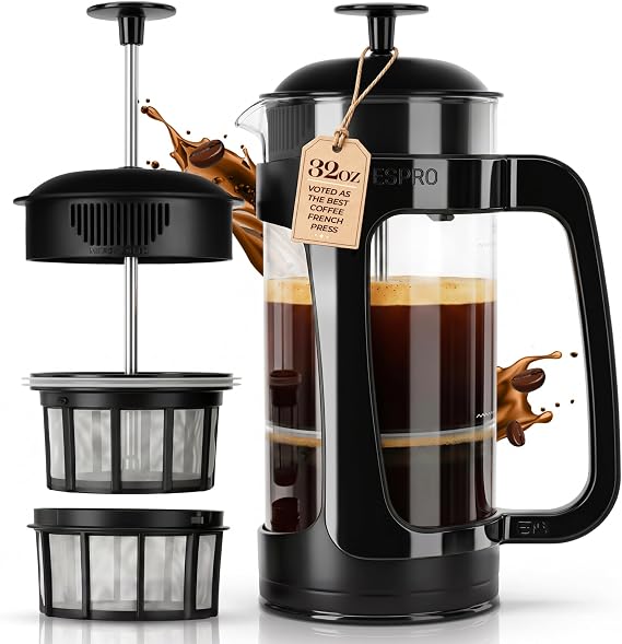 ESPRO P3 French Press Coffee Maker, 32oz, Black, Double Micro Filter Press