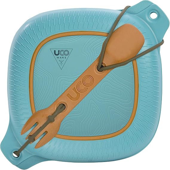 UCO 4-Piece Camping Mess Kit with Bowl, Plate and 3-in-1 Spork Utensil Set, Classic Blue