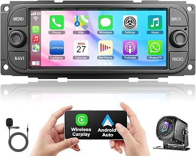 [4G64G] Car Radio for Dodge RAM 2002 2003 2004 2005 2006, for Jeep Wrangler 2003 2004 2005 2006,Jeep Grand Cherokee 1999-2004, Support Wireless Carplay&Android Auto, 6.8 inch IPS Touchscreen