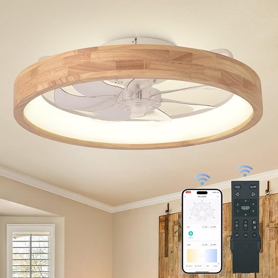 20" Wooden Flush Mount Low Profile Ceiling Fans with Lights and Remote