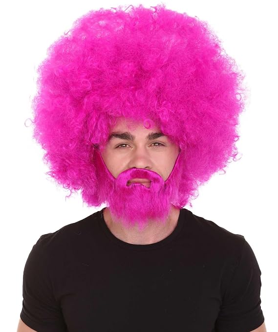 Classic 80s Painter Afro Wig and Beard Set for Adults, Effortless Celebrity Look, Quality Halloween Wig- Fuchsia