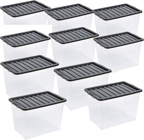 Easy Shopping® 10 x Extra Large 80L 80 Litres Clear Plastic Storage Box with Black Lid, Strong Stackable Storage Container Box Home, Office, Kitchen, Made In U.K.