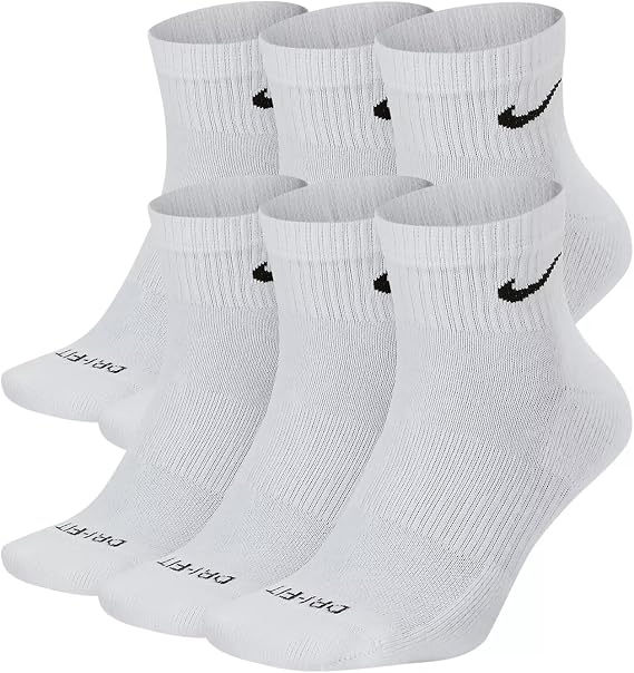 Nike Everyday Plus Dri-FIT Cushioned Ankle Athletic Training Casual Socks - 6 Pack (US, Alpha, Large, Regular, Regular, White)