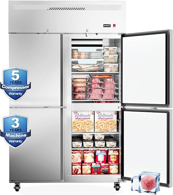 Commercial Freezer 4 Door Upright Freezer with 8 Adjustable Shelves, 48""W Stainless Steel Reach-in,Temp Control -1F ~ 8F, 36 Cu.ft for Restaurant Kitchen Bar Garage, ETL and DOE Approved