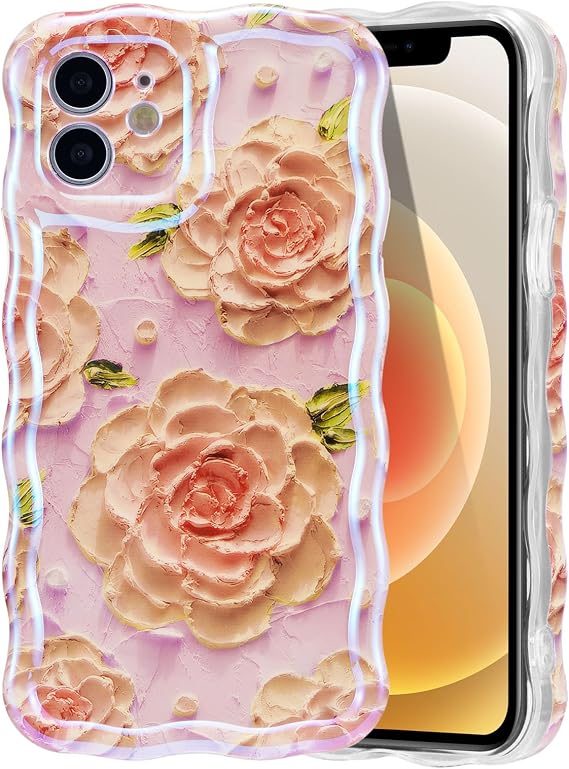 EYZUTAK Case for iPhone 12, Colorful Retro Oil Painting Flower, Pink Peony