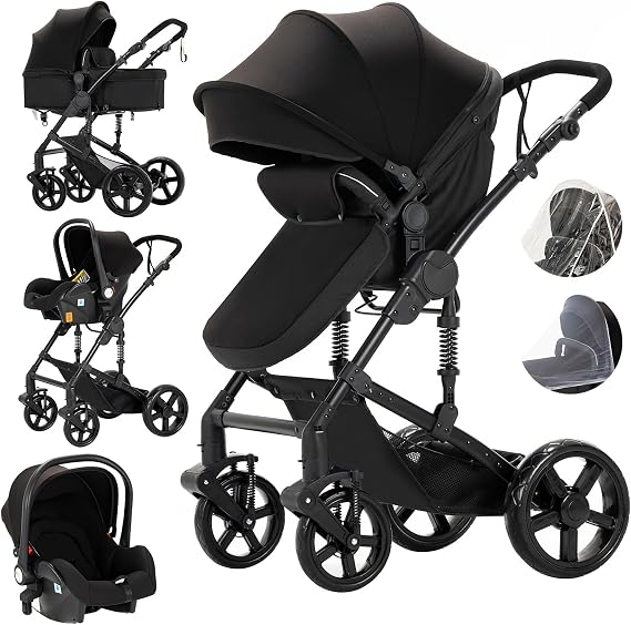 Magic ZC 3 in 1 Pushchair Pram Travel System, Baby Stroller 3 in 1 with Reversible Two Pushing Modes, Newborn Infant Buggy Aluminum Frame, Toddler Carriage One-Click Folding (Black 588-1)