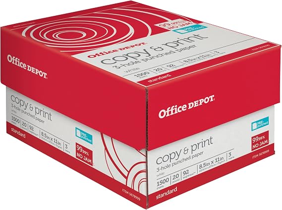 Office Depot 3-Hole Punched Multi-Use Printer & Copy Paper, 3 Reams, White, Letter (8.5" x 11"), 1500 Sheets Per Case, 20 Lb, 92 Brightness