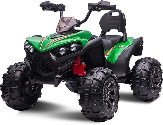 OTTARO 12V Ride on ATV 2 Seater, 4 Wheeler Electric Quad for Kids 3-8 w/ 17" Length Seat, LED Lights, 2 Speeds, Soft Braking, Rear Pedal & Backrest (Green)