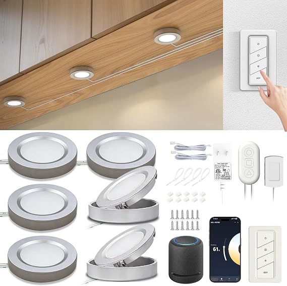 Smart Under Cabinet Lights Plug In, 6 Pack LED Puck Lights with App and Remote Control, CCT Tunable 2700K-7000K, Compatible with Alexa and Google Home, Dimmable Wired Lighting Kit for Kitchen,CRI 90+
