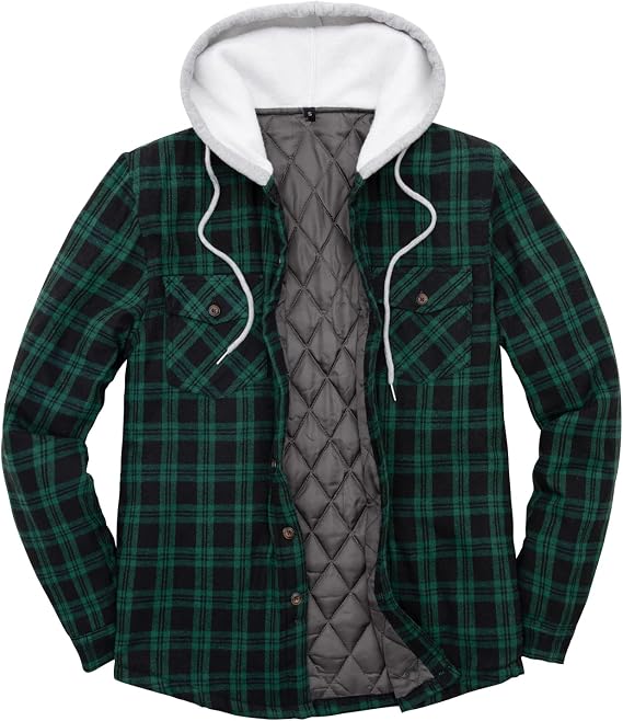 ZENTHACE Men's Quilted Lined Button Down Plaid Flannel Shirt Jacket with Hood