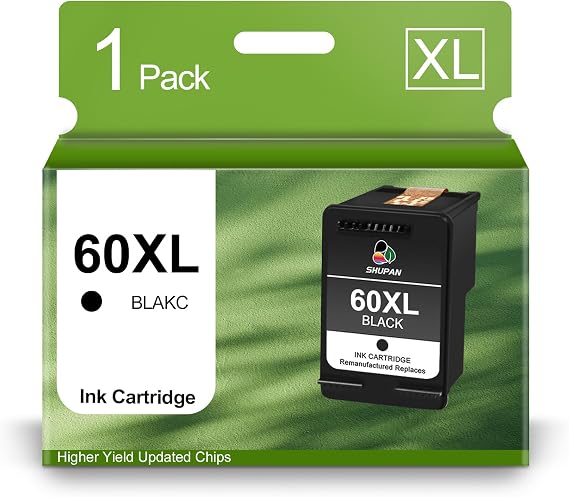 SHUPAN 60XL Ink Cartridge Black Replacement for HP 60 for HP Envy 100 110 120 PhotoSmart C4780 C4795 C4680 C4650 D110 D110a DeskJet F4280 F4480 F4580 D2530 D2545 Printer (1 Black)