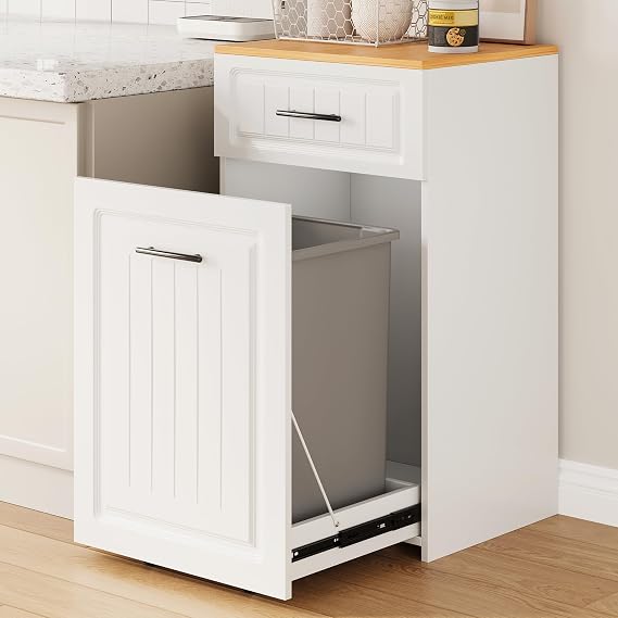 ZIFTY Pull Out Trash Can Cabinet for 13 Gallon Bin, Laundry Hamper, White