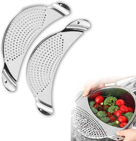 Pot Strainer Stainless Steel 2 Pack, Pasta Strainer, Metal Food Strainer for Noodles Fruit Veggies, Suitable for Pots or Containers Up to 10 Inches