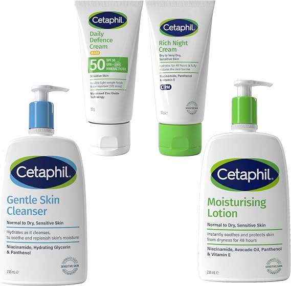 Cetaphil Ultimate Sensitive Skin Face & Body Skincare Set, Gentle Skin Cleanser 236ml + SPF 50 Face Cream 50g + Night Cream 50g + Moisturising Lotion 236ml, Packaging May Vary