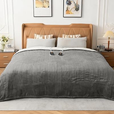 WOOMER Heated Blanket Queen Size,Durable Flannel and Soft Sherpa,Dual Control,84 90 Electric Blanket, 10 Heat Levels&0.5-12h auto-Off, Overheat Protection,Energy Efficient