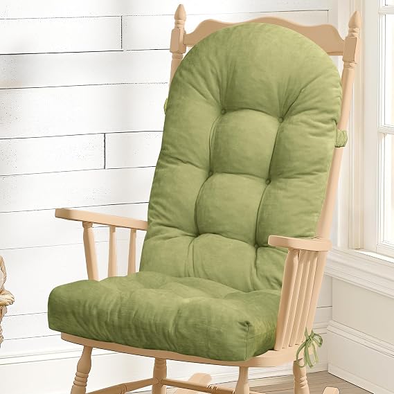 Rocking Chair Cushion - Chenille Fabric, High-Density Sponge, Durable Comfort Double-Sided Tufted Seat Pads with Ties, ChenilleGrass Green, 44x19x4 inch