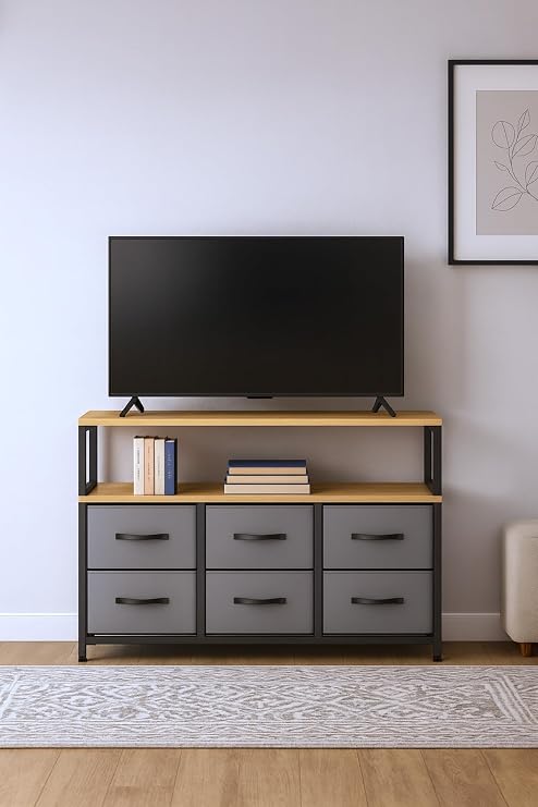 2 Raflı 6 Çekmeceli Tv Sehpası Deri Çekmeceli Tv Ünitesi Kitaplıklı Tv sehpası gri