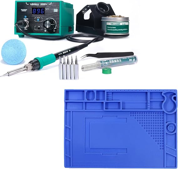 YIHUA 939D+ Professional Soldering Station (Green) bundle with 17.32" x 12.20" M180 Electronic Repair Mat Bundle with Iron holder, Soldering Cleaning Kit and Accessories (13 Items)