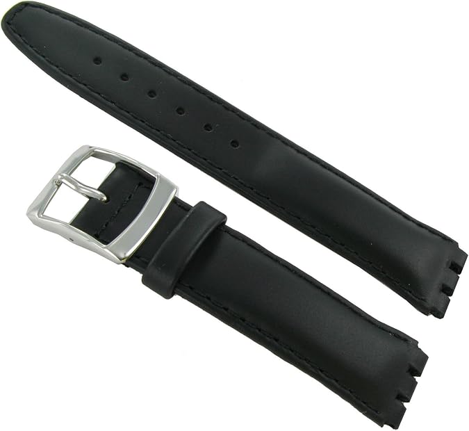 17mm Genuine Oiled Leather Padded Stitched Black Watch Band Fits Swatch