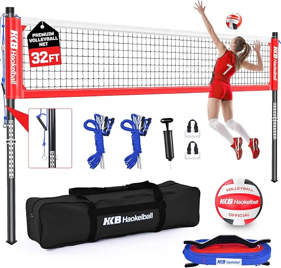 Haokelball Outdoor Portable Heavy Duty Volleyball Net Set for Backyard with Adjustable Height Poles, Net Tension Adjuster, Volleyball, Pump, Boundary Line and Carry Bag