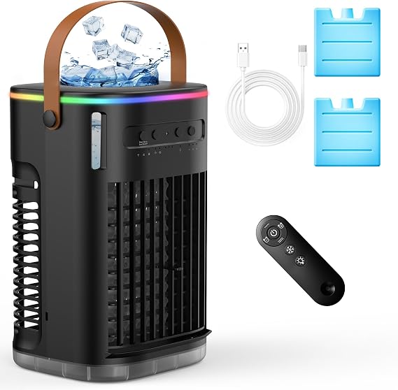 Portable Air Conditioners, Quiet Cooling Fan w/Remote, Water Tank & 3 Speeds, 5-IN-1 Portable AC Unit, 2 Mists, 1-7H Timer, Evaporative Air Cooler for Room Bedroom Office, Black-NonBattery