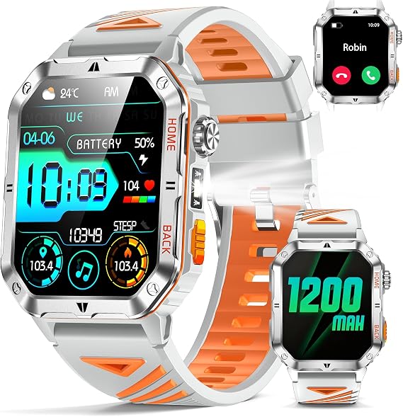 Military Smart Watch for Men, 2.01 Fitness Tracker with 1200mAh Battery Life, Bluetooth Calling, Flashlight, 5ATM Waterproof, Heart Rate & Sleep Tracking, 110+ Sports Modes for Android & iPhone