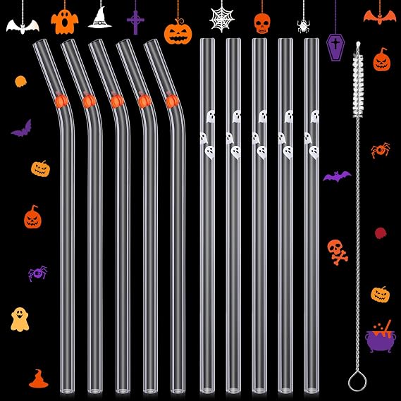 10 Pcs Halloween Themed Glass Drinking Straws Pumpkin Ghost Pattern Decorative Drinking Straws with Cleaning Brush for Halloween Summer Party Supplies