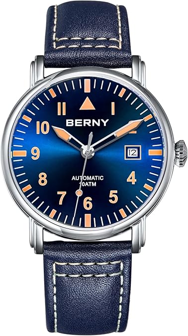 BERNY Mechanical Automatic Watch for Men Self Winding Leather Strap Classic Easy-to-Read Wristwatches 10ATM Waterproof Sapphire Glass Scratch Resistant Super Luminous